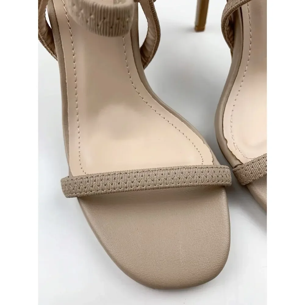 Lulus Babie Strappy High Heel Sandals Beige Faux Leather Women's 7.5 Neutral